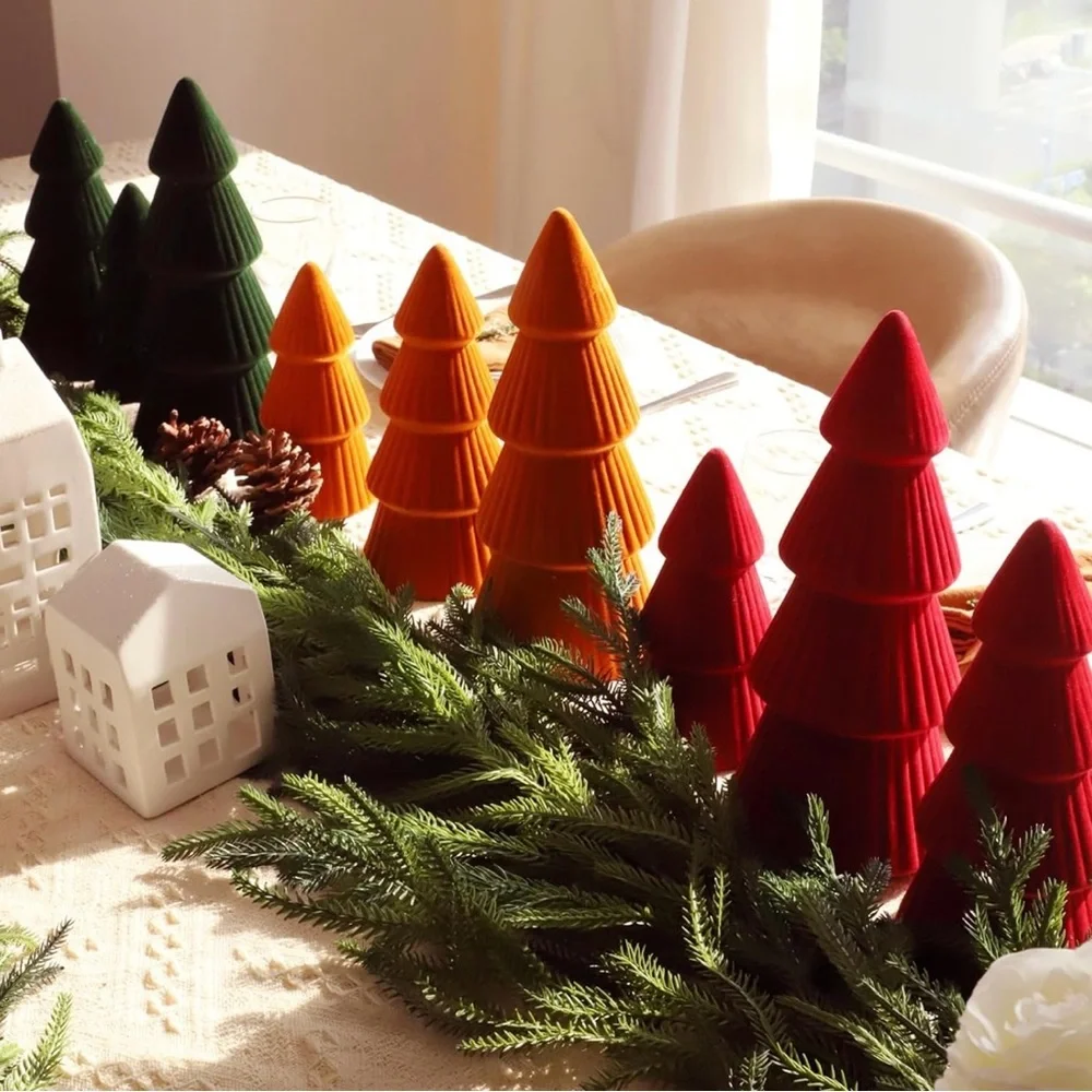 NEW West Elm XL Orange Boho Velvet Christmas Tree Set of 3 Holiday Mantle Decor
